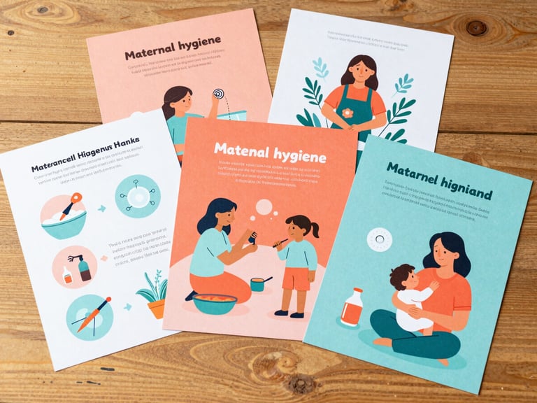 Flat-lay photography of bright educational infographics on maternal hygiene, vibrant warm coral and soft teal illustrations, clean paper printouts on a warm wooden table, bright natural daylight, high contrast.
