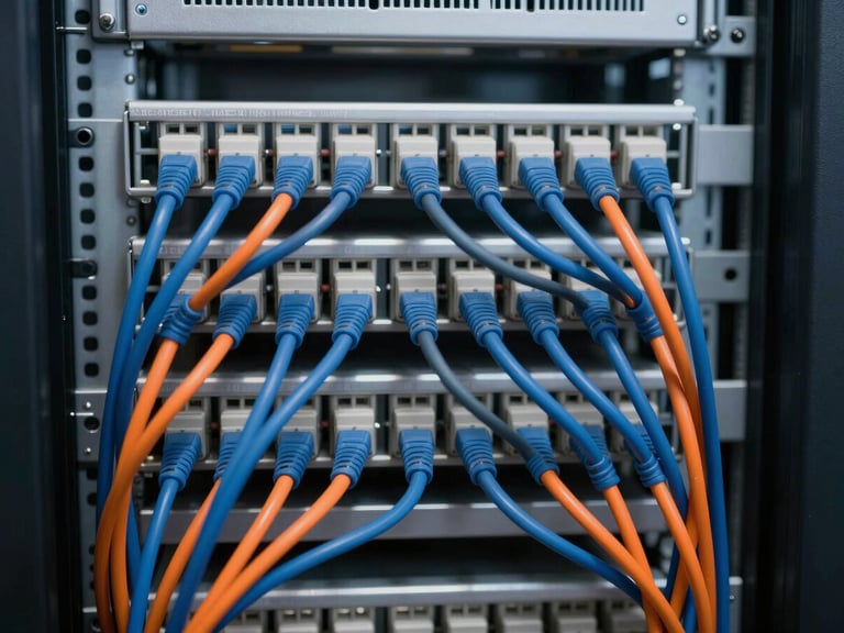 Extreme close-up of a perfectly organized structured cabling rack with neat blue and orange patch cords in an industrial server room, clean engineering