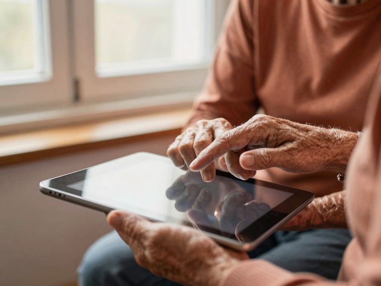 Close-up shot of hands gently guiding an older adult on a tablet screen, soft natural window light, warm terracotta tones, 35mm editorial photography