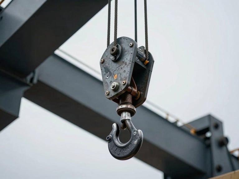 Extreme close-up of heavy-duty crane rigging hardware — shackles, load-rated slings, and a certified hook block against a dark steel boom, shallow depth of field, overcast diffused light emphasising the precision of the connection geometry