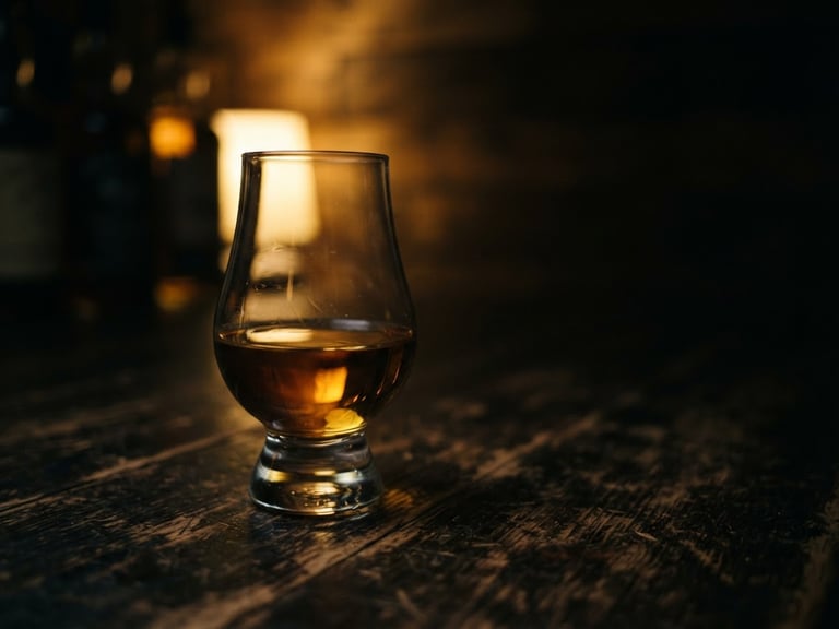 Moody low-key photography of a Glencairn glass with amber whisky on a dark textured wooden table, warm golden backlighting, shallow depth of field, 35mm