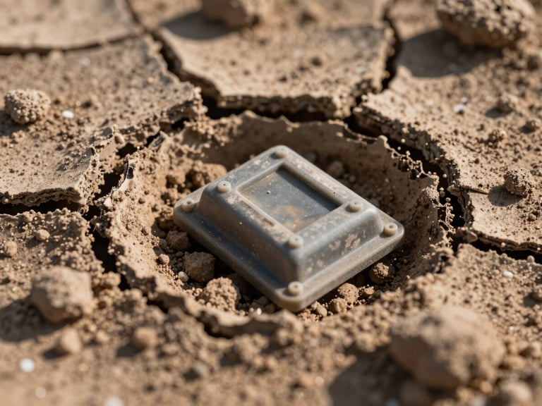 Extreme macro close-up of a rugged polymer sensor buried in dry, cracked clay soil, harsh low-angle morning sun casting long shadows, technical and high-contrast.