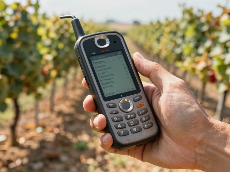 Close-up of a hand holding a rugged mobile terminal displaying plain text irrigation commands in a sun-drenched vineyard