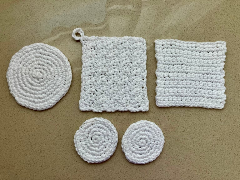 5 white crocheted face scubbies round and square