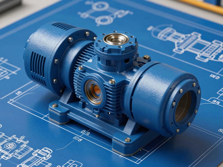 Detailed technical CAD drawing of an industrial pump installation, clean white lines on blue background, high precision drafting style