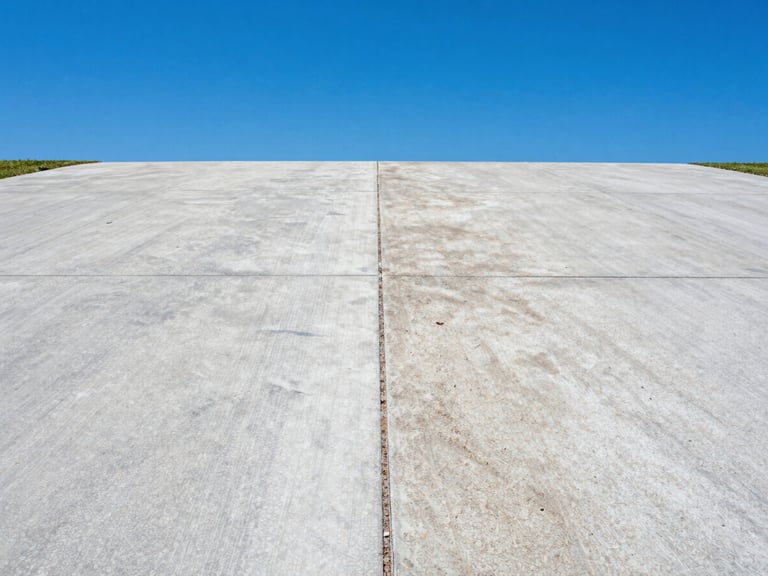 High-contrast before-and-after split of a concrete driveway, clean section vs. dirty section, bright Florida Florida sunlight, vivid blue sky, crisp commercial outdoor photography, sharp focus, high-contrast, 35mm
