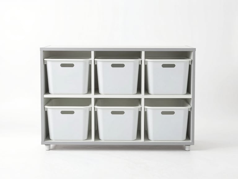 Straight-on orthographic shot of a modular kitchen organizer system, bright high-key studio lighting, clean white background, sharp focus, 50mm