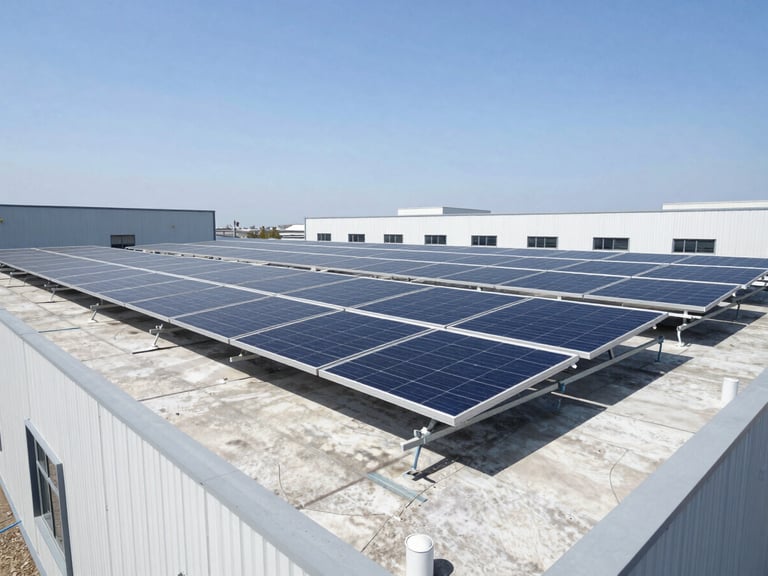 Wide-angle industrial rooftop solar array under direct high-contrast midday sun, clean metallic racking, concrete facility roof, clear sky