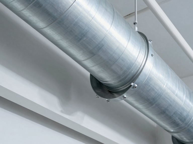 Macro architectural photograph of a pristine commercial HVAC duct interior, clean metallic surfaces, sharp focus, technical lighting.