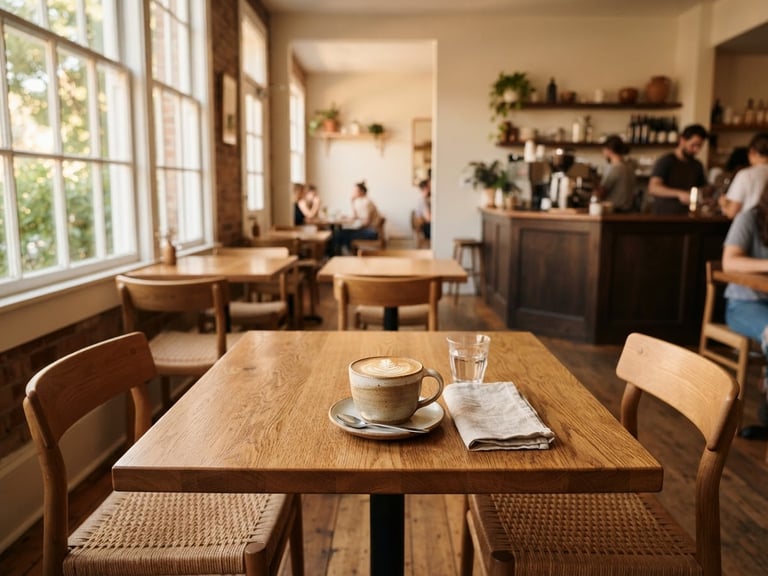 Warm, sunlit interior of a modern cafe with empty wooden tables and comfortable chairs, soft natural window light, inviting atmosphere.