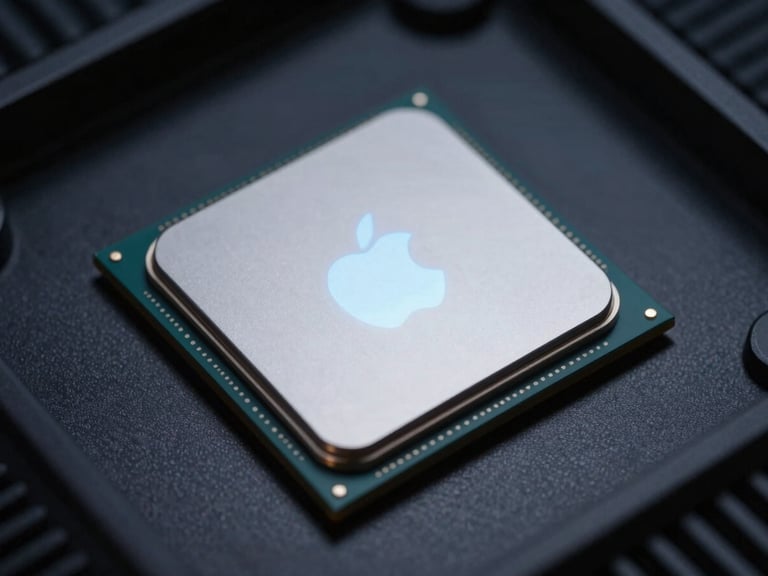 Macro close-up of an Apple Silicon M-series chip glowing with subtle silver-blue light in a dark computer chassis, sharp focus.