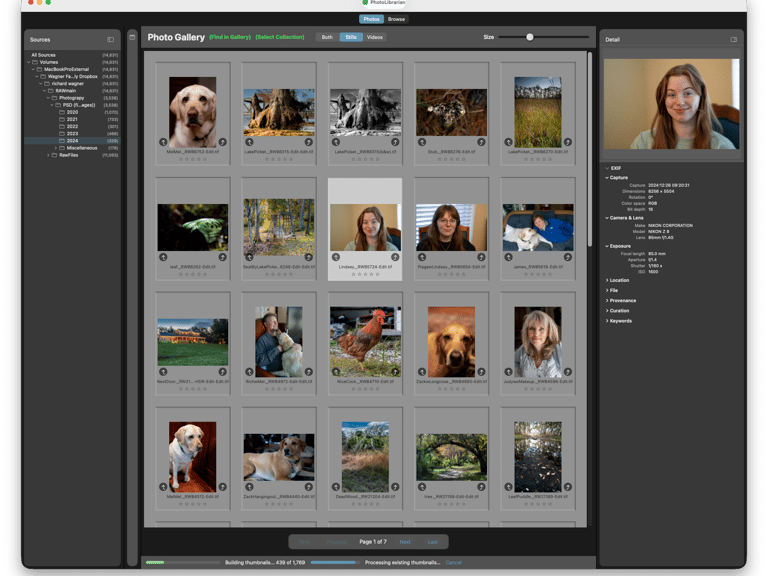 PhotoLibrarian macOS app interface: dark theme, source sidebar, photo grid, and EXIF data panel.