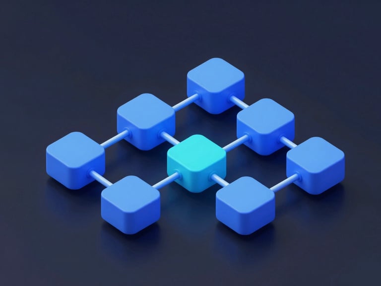 Clean isometric 3D illustration of a data pipeline, node-based architectural diagram, cool blue and cyan accents, dark background.