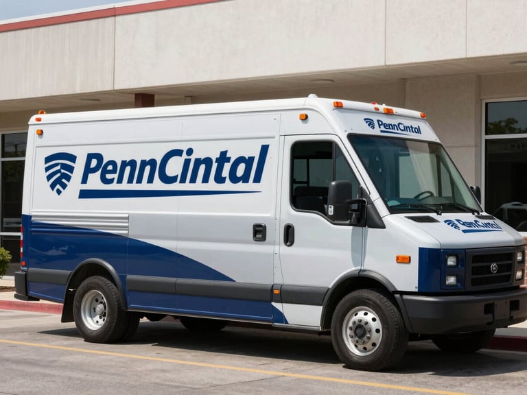 Branded Penn Central IT service vehicle parked outside a commercial building, natural daylight, showing local presence, cool steel and deep navy tones, 35mm lens