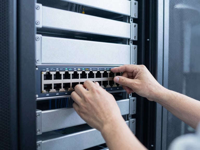 Wide shot of a technician installing a network switch into a server rack, clean neutral white utility lighting, focused on hands and equipment, cool steel tones, 35mm lens
