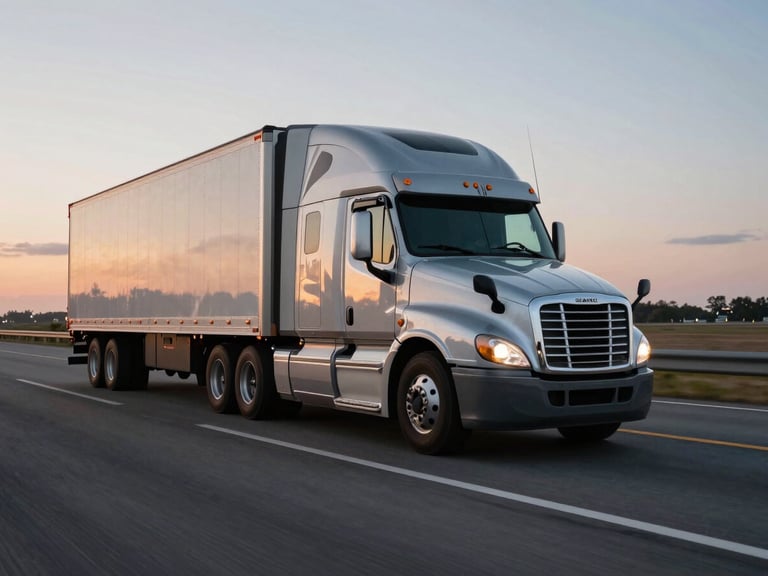 Cinematic wide-angle shot of a late-model silver semi-truck moving at twilight on an open interstate highway, metallic reflections, low horizon.