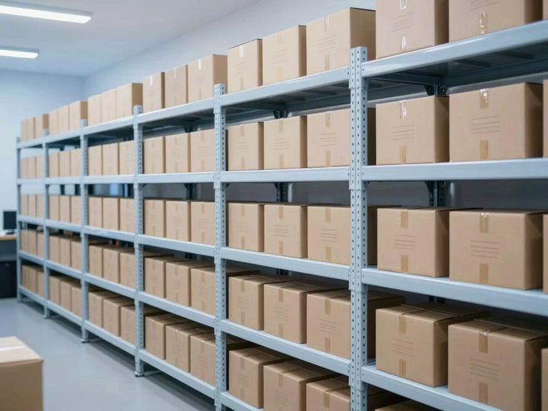 A clean modern fulfillment center in Indonesia, organized shelves, soft blue lighting, cardboard boxes with minimalist labels, high-tech logistics environment