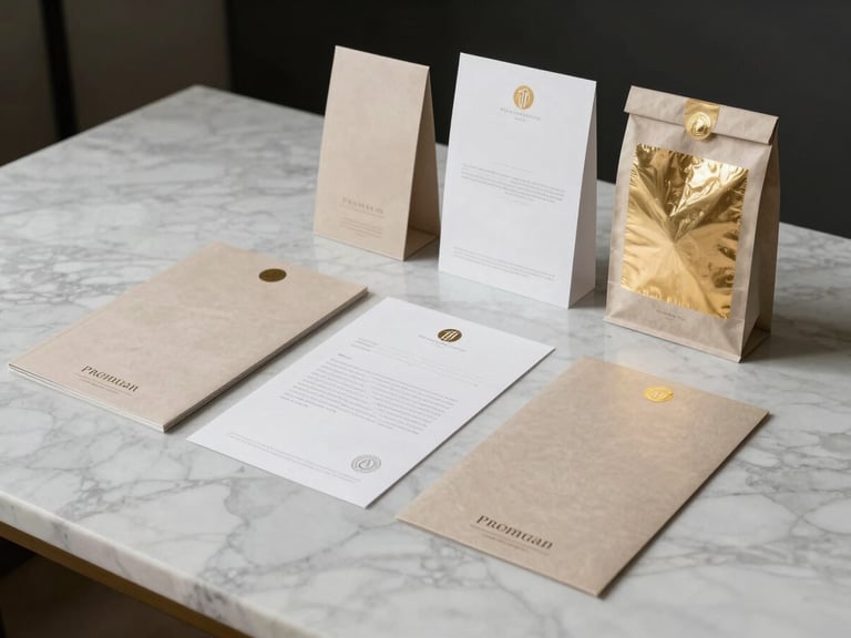 Wide studio shot of a completed premium brand identity system — stationery, packaging, and printed collateral arranged flat on a white marble surface under crisp studio strobes, champagne gold foil details catching the light, right side of frame, minimal shadow
