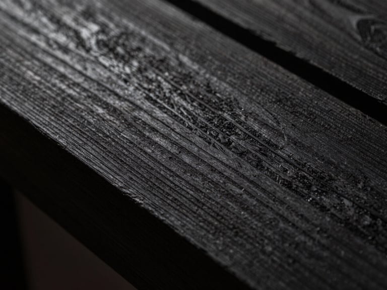 Extreme close-up of fumed oak grain meeting charred wood texture, low-key lighting, deep shadows, tactile luxury