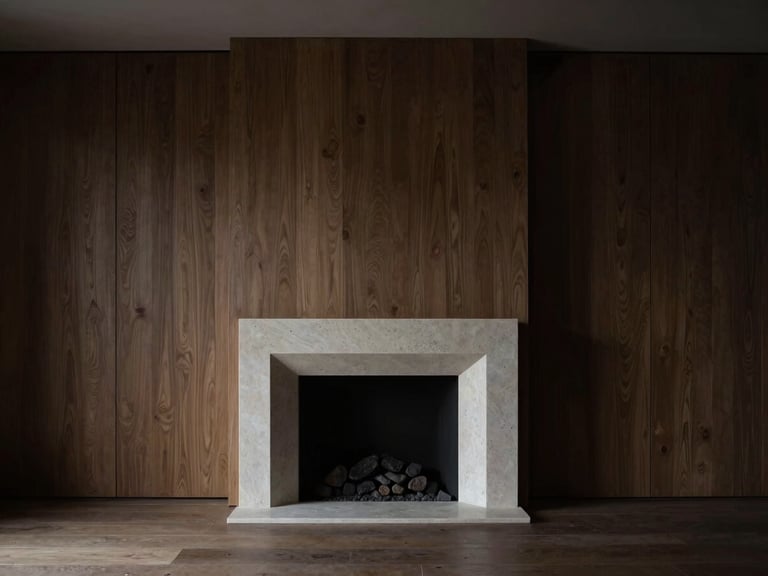 Straight-on architectural elevation of a minimalist living room, dramatic low-key natural side-light, honed Belgian bluestone fireplace, deep shadows, fumed oak paneling, monochrome styling.