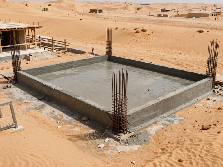 Real Saudi construction site showing precise concrete pouring and steel reinforcement installation for a luxury villa foundation