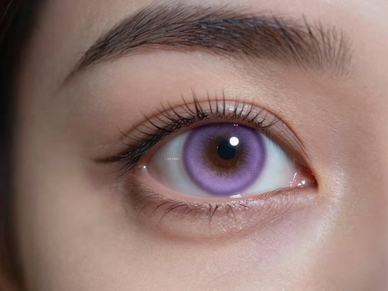 Extreme close-up of a synthetic female eye with flawless skin texture, soft digital lavender light reflecting in the pupil, low-key volumetric glow, dark editorial style