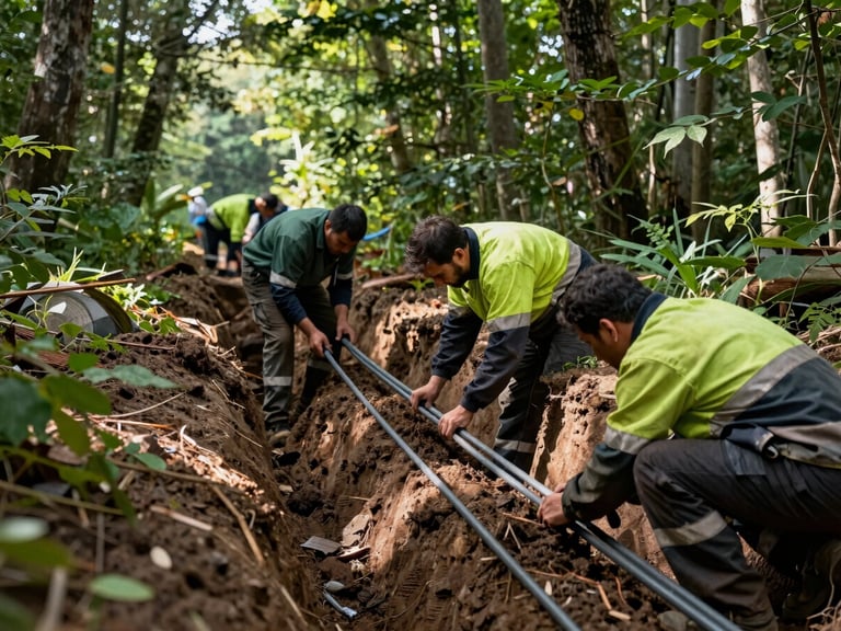 Close-up of utility lines being carefully laid in a trench, team members in high-quality workwear, crisp morning daylight, deep forest green and earth tones, sharp details.