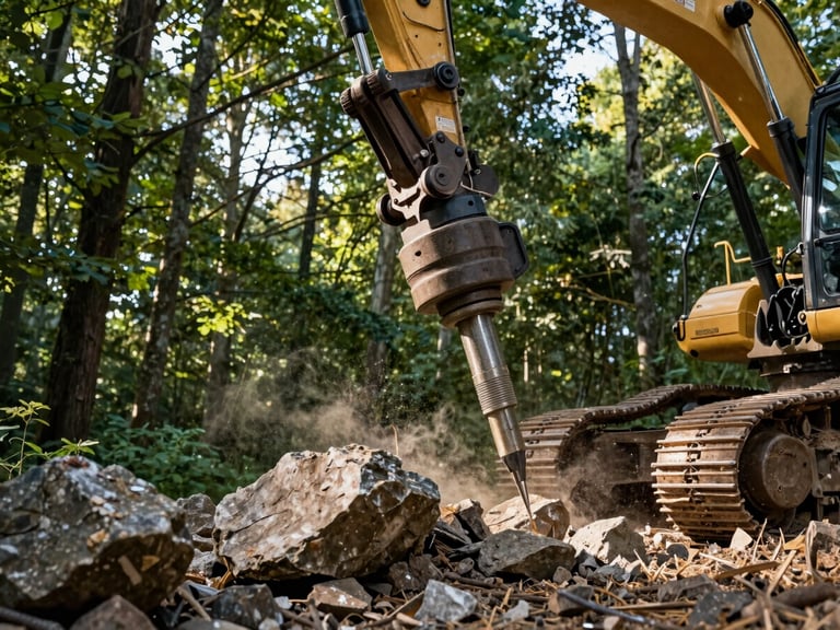 Large hydraulic hammer attachment on an excavator breaking rock, low-angle heroic shot, crisp morning daylight, deep forest green and earth tones, sharp details.