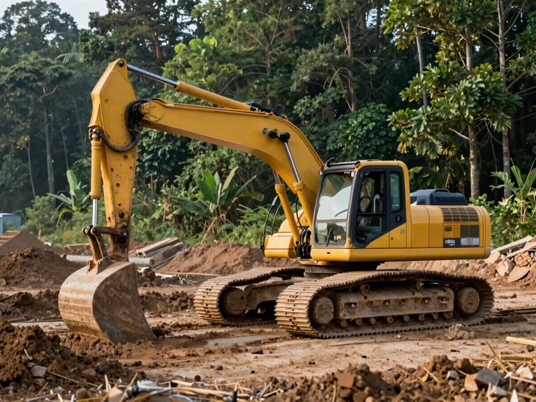 Heavy excavator precisely grading a construction site at dawn, crisp morning daylight, deep forest green and earth tones, sharp details.