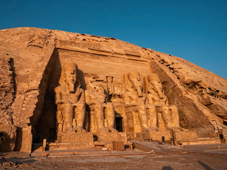 Wide environmental shot of the colossal rock-cut temples of Abu Simbel, golden hour sunlight hitting the massive stone statues, expansive blue sky.