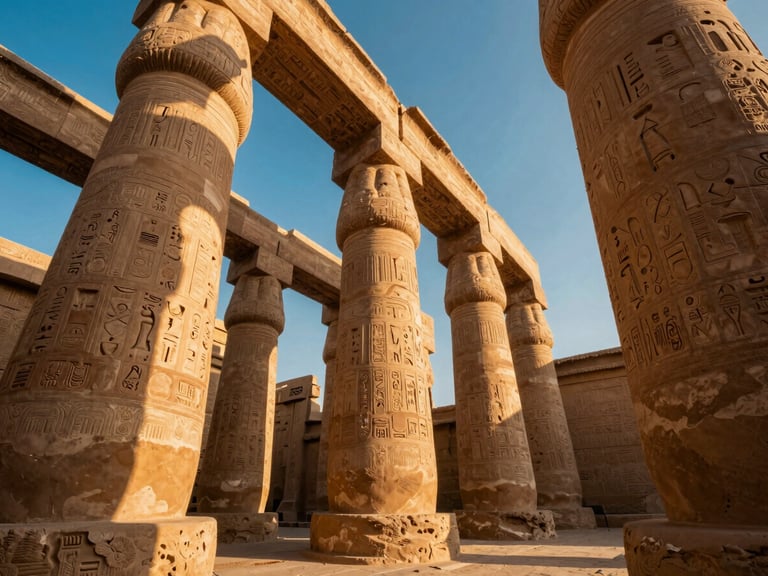 Low angle shot of colossal sandstone pillars at Karnak Temple, harsh desert sun casting long dramatic shadows across hieroglyphic carvings, warm terracotta tones.