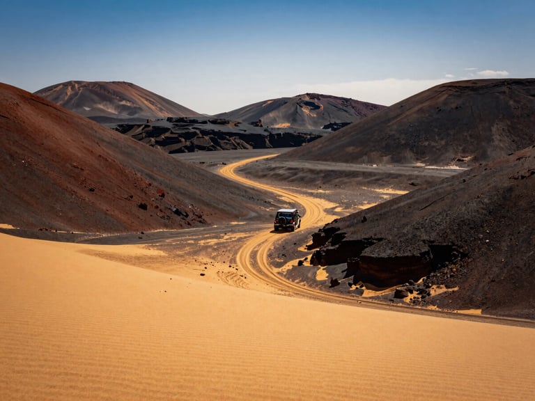 Dramatic view of dark, basalt-covered volcanic hills rising from golden sand, a solitary 4x4 track winding through the valley under a harsh midday sun.