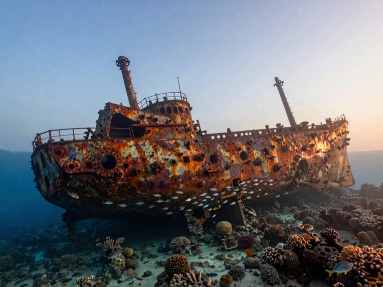 Vast atmospheric shot of the historic SS Thistlegorm shipwreck resting on the seabed, encrusted with corals, schools of glassfish swimming through the rusted hull.