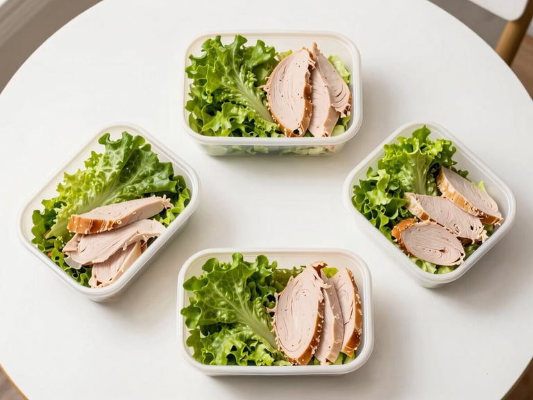 Overhead flatlay photography of three neatly arranged corporate boxed lunches on a clean white table, bright morning daylight, vibrant green lettuce and fresh turkey visible.