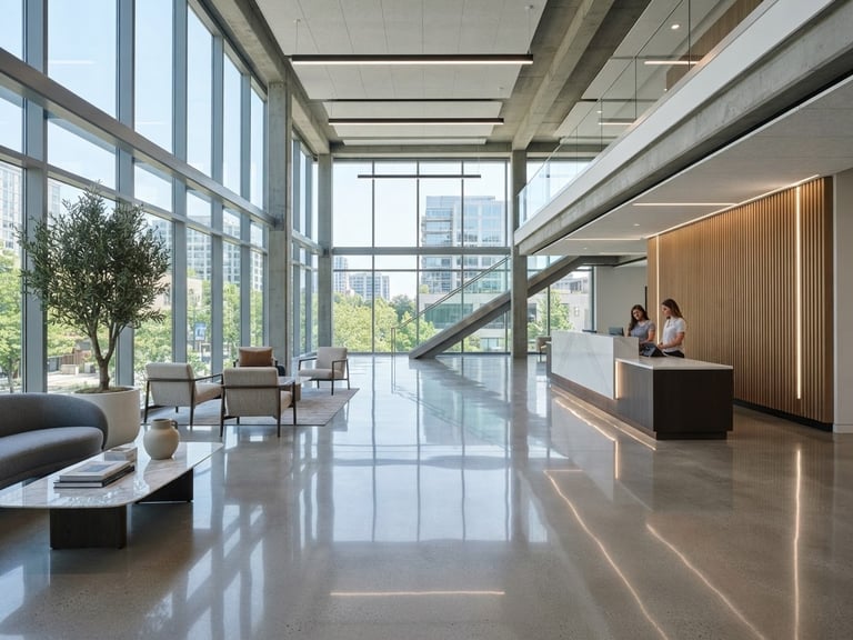 Straight-on wide-angle shot of a pristine modern office lobby, polished concrete floors reflecting bright daylight from tall glass windows, sharp focus