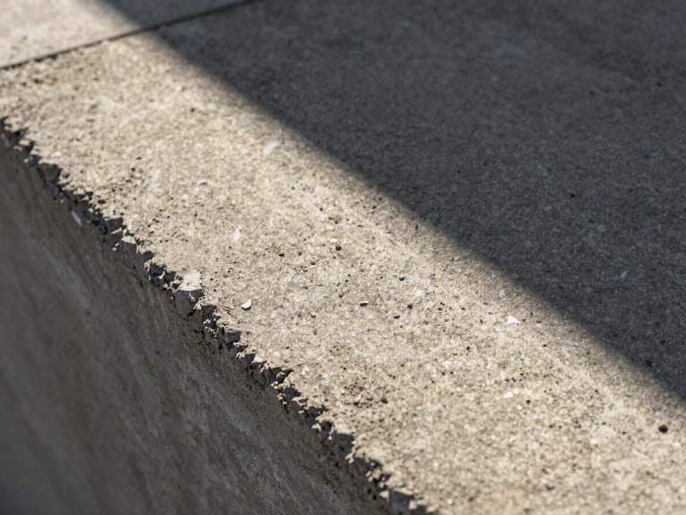 A close-up of material texture, board-formed concrete meeting rough stone, sharp diagonal shadow, warm low-angle sunlight.