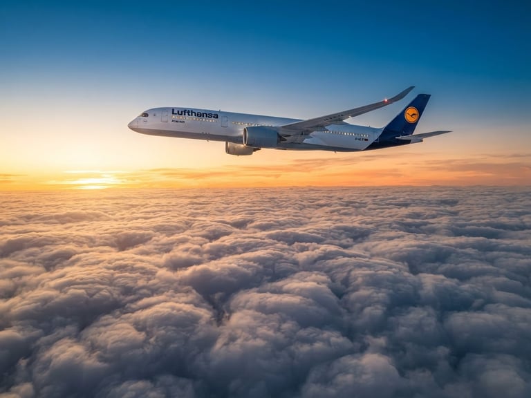 Wide-angle premium editorial shot of a modern commercial aircraft flying high above a soft sea of clouds during golden hour, sharp focus, rich blue tones.