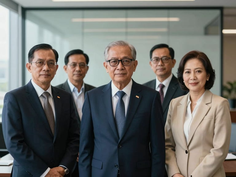 A professional portrait of senior Indonesian law partners in sharp corporate attire, modern executive boardroom background with soft architectural glass lines, cool morning light, shallow depth of field, 35mm