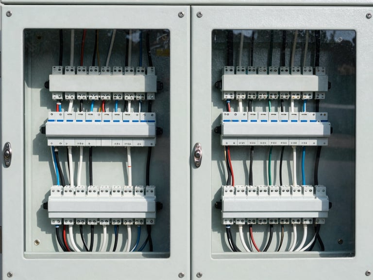 Symmetrical shot of a clean, highly organized electrical panel with perfectly routed wires, cool-toned work lights.