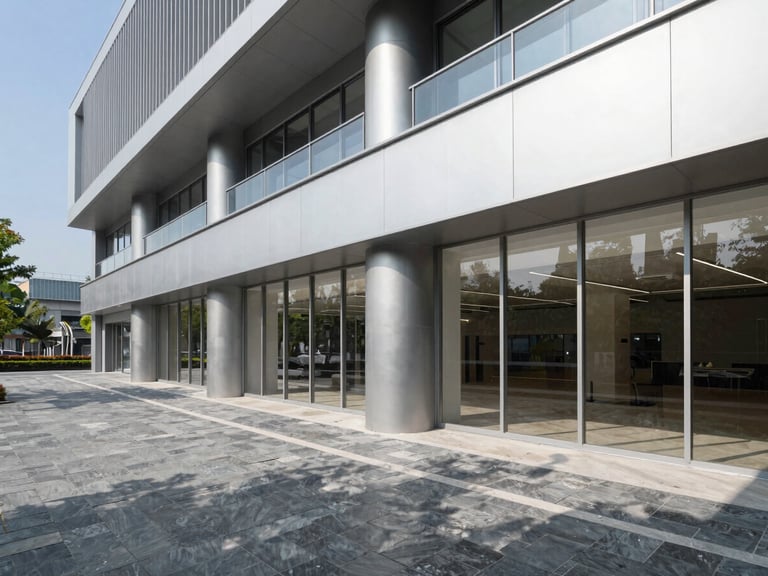 Wide architectural shot of a completed modern commercial interior, bright natural daylight, crisp shadows, slate and metallic tones.