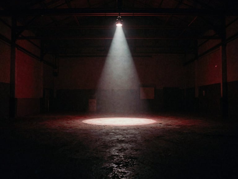 Wide atmospheric shot of a dimly lit empty warehouse venue with a single harsh spotlight cutting through haze, low-key ambient red glow, grainy 35mm film