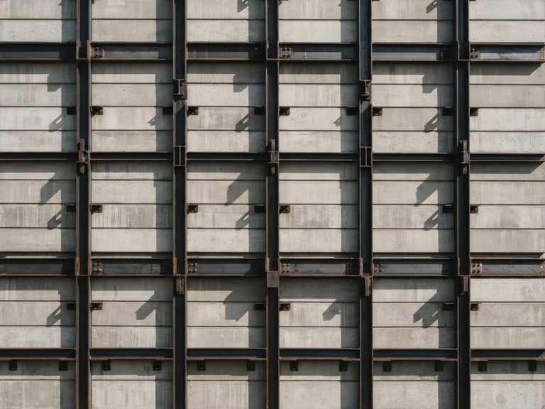 Straight-on orthogonal architectural photography of stacked concrete blocks and steel sections, bright daylight, sharp geometric shadows, neutral industrial tones, 35mm