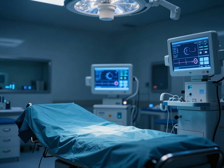 Modern hospital operating room with glowing digital displays, low-key blue lighting, sharp macro lens.