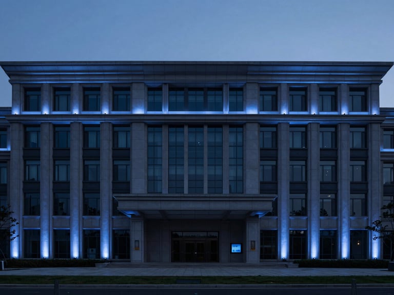 Modern government building facade at twilight, subtle blue uplighting, wide environmental shot.