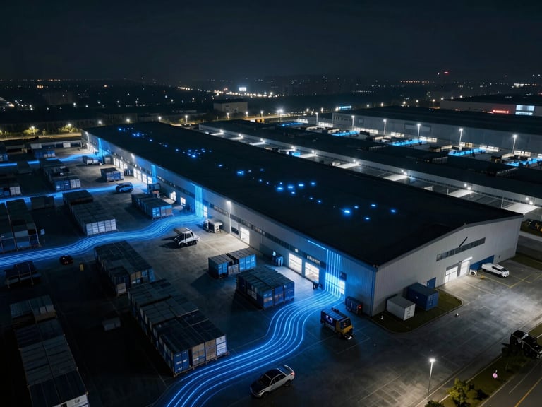 Drone view of a modern logistics hub at night, glowing blue lines representing data flow, low-key dramatic studio lighting.