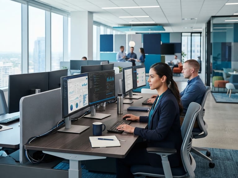 A clean, bright modern corporate office interior with dual-monitor workstations, cool blue and teal tones, sharp focus, professional environment.