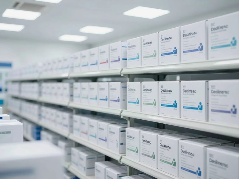 Clean, brightly lit pharmaceutical distribution warehouse in Mexico, pristine rows of medical supply boxes, clinical white light, organized and high-tech