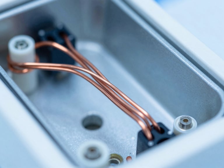 Close-up of the internal copper wiring of a dilution refrigerator, sharp focus, clinical studio lighting.