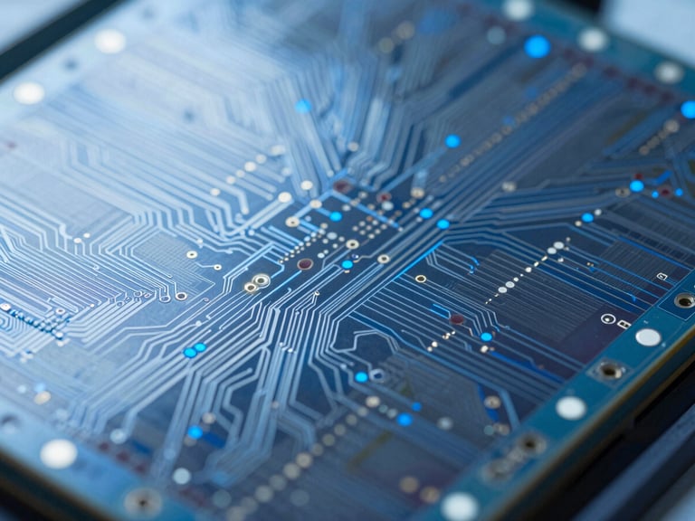 Macro close-up of a cleanroom silicon wafer with intricate circuit patterns, cool blue highlights, high contrast.
