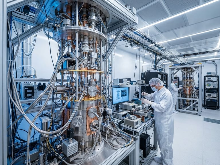Wide-angle shot of a cleanroom facility with a dilution refrigerator in the foreground, sharp blue and white lighting, high-contrast technical details.